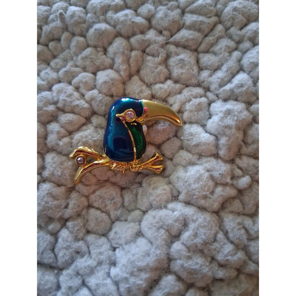 Vintage Blue Green Enamel Rhinestone Toucan Bird Brooch Pin 1"